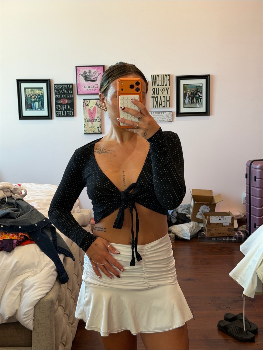 Brandy Melville Black Polka-Dot Tie-Front Long Sleeve Crop Top